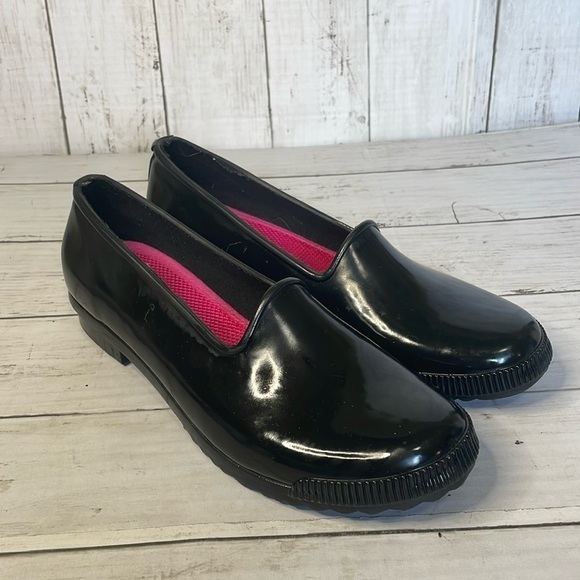 COUGAR Black Waterproof Slip On Rubber Rain Shoes with Removable Hot Pink Insole - Picture 1 of 13